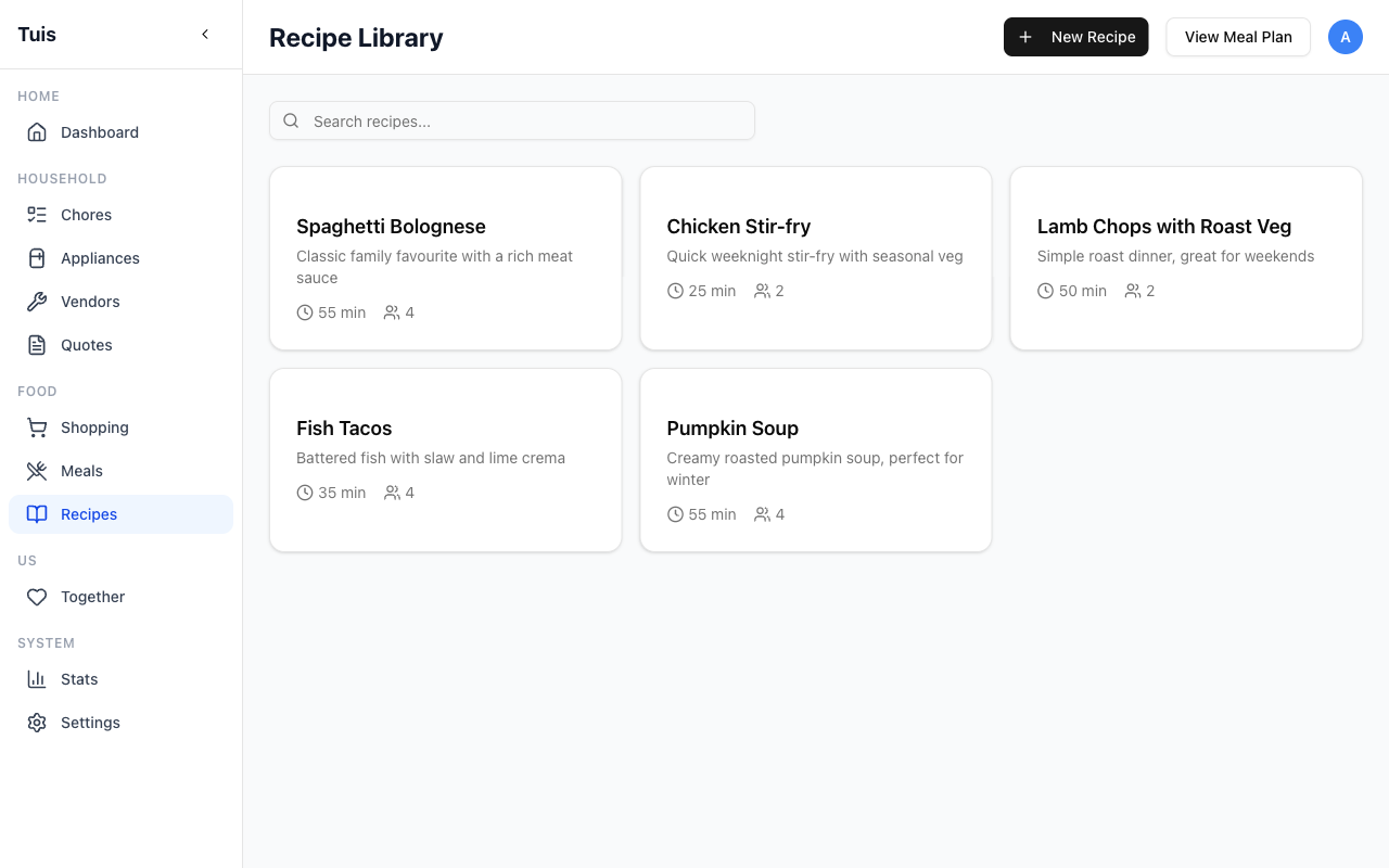 Recipe library with structured ingredients, prep and cook times, and scaling